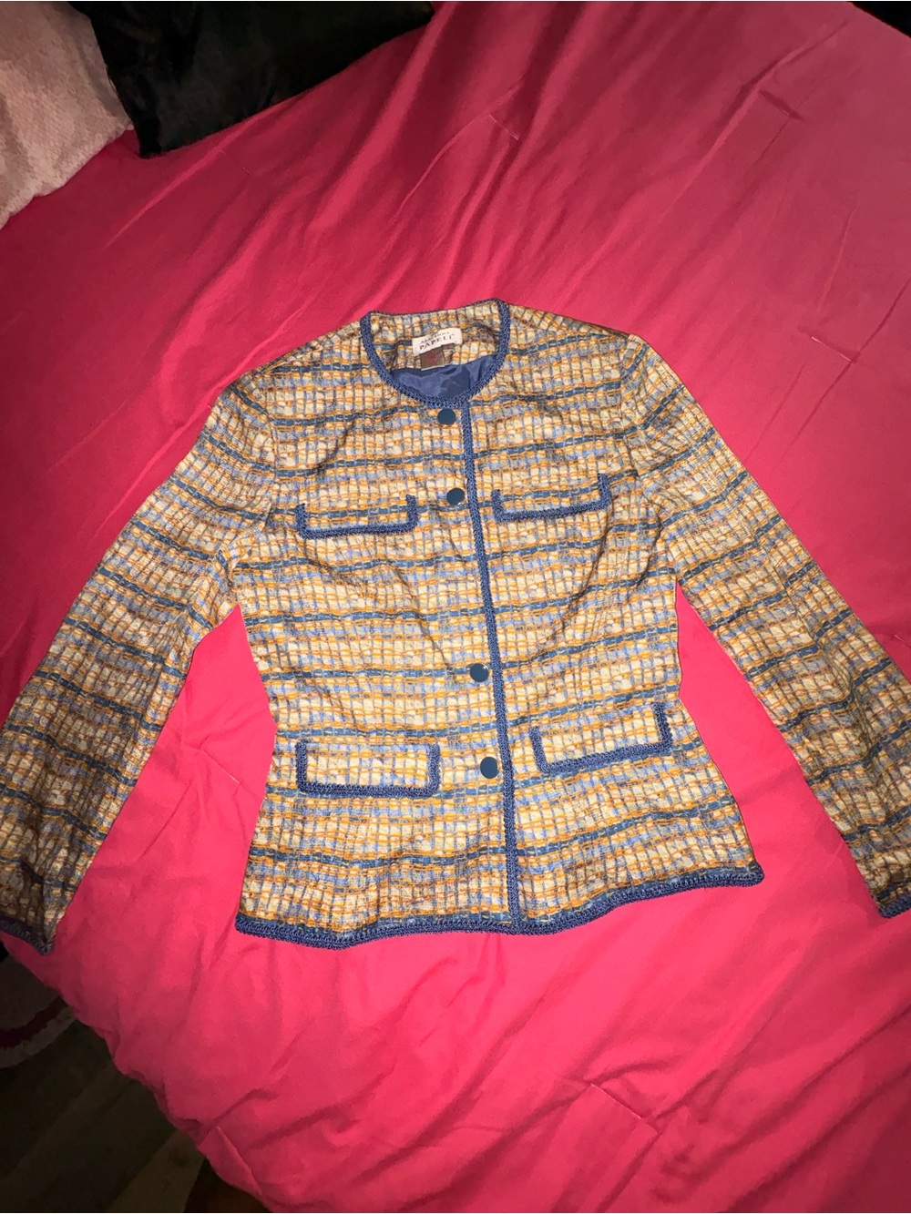 Adrianna Papell Yellow and Blue Tweed Collarless Blazer